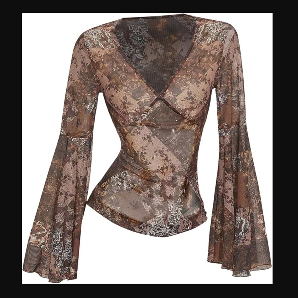 Sheer Paisley/70s bell-sleeve top - NWOT | sz S